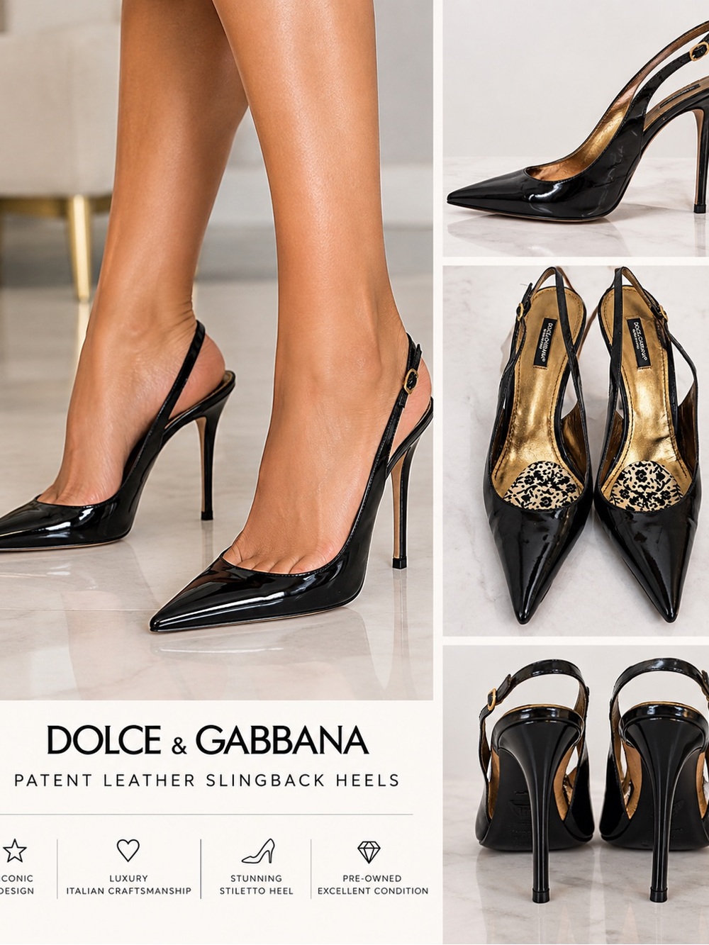 Dolce & Gabbana Black Patent Leather Slingback Heels with Gold Interior size 39